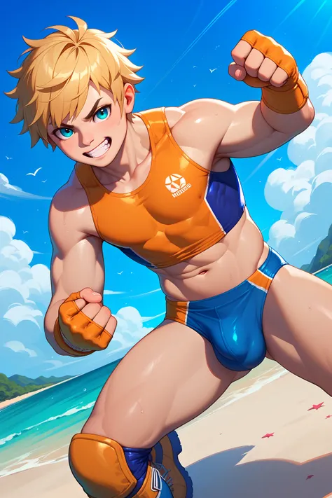 Intricate details, absurd resolution, dynamic angle, (a  male pro wrestler:1.1) is fighting stance at a (beach in summer:1.1). bulky body, flat chest, airy short hair, intense expression, wearing a vibrant competitive swim-brief and knee-pads, wrestling bo...