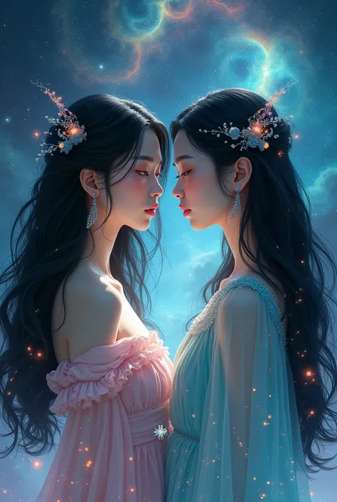 a detailed portrait of two beautiful young asian girls in a surreal cosmic space scene, long black hair flowing, eyes glowing with mystical energy, elegant poses, ultra detailed, hyper realistic, cinematic lighting, vibrant colors, dramatic, fantasy art st...