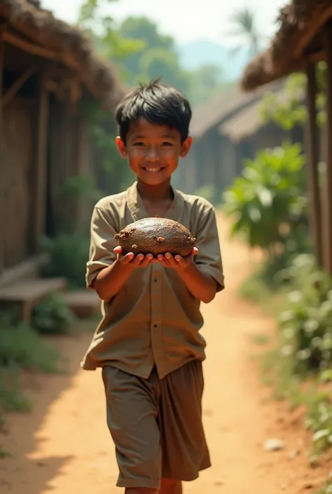 Burmese village boy bringing small dried ham 16:9 frame