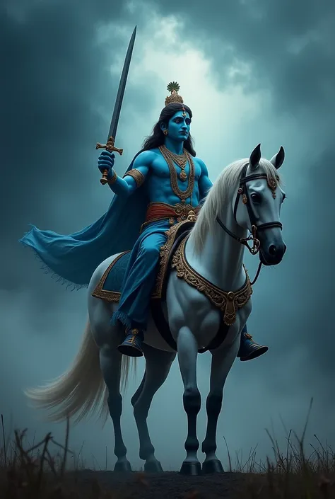 Hindu dharm Lord Krishna will be on a white horse and has a sword in his hand dark view. High quality 4k VFX high quality background high 