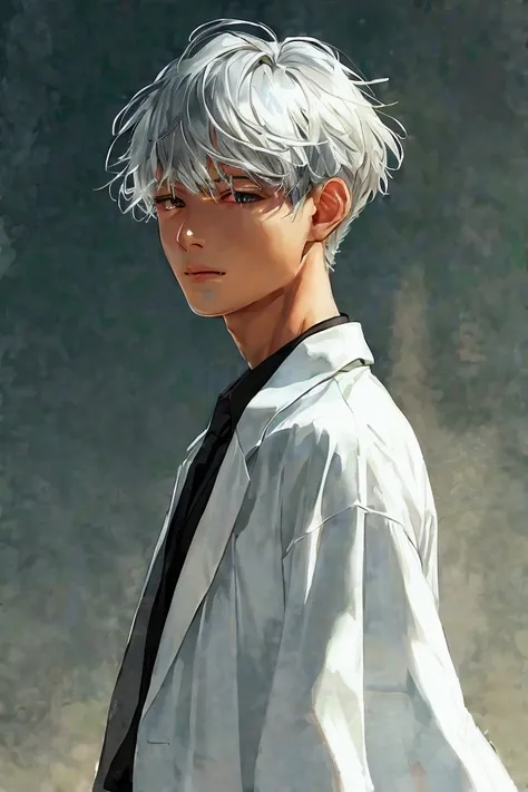 "An elegant full-body depiction of a non-sexual male character with silver-gray short hair styled gently over his face. He wears a long white lab coat that flows naturally over a minimalist outfit, suitable for a professional or scientific setting. The fig...