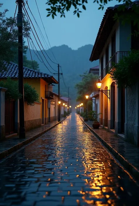  It&#39;s night. it rains.  avenue de Pedras in a 15th century village in Brazil. The landscape in the background is beautiful . no people 