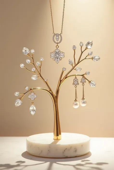 An elegant jewelry display stand inspired by nature, designed with a minimalist marble base and golden tree-like branches to hold a diamond necklace, rings, and pearl earrings. The gemstones sparkle with exquisite clarity under soft, diffused lighting, cre...