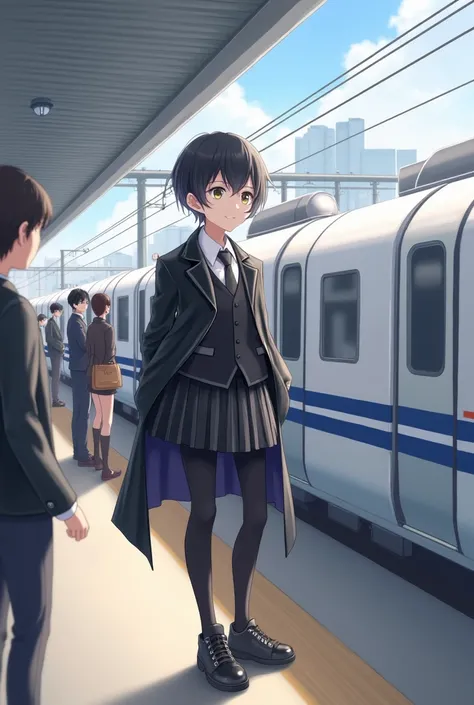 Boy in his early teens、 black hair、  short hair 、smile、 big eyes、shiny black cloak、shiny black leather suit、 white shirt、 ties、 black skirt 、 black tights 、 shiny black high cut sneakers、I have a small trunk、 Station Home 、 gentle smile、White Shinkansen wi...