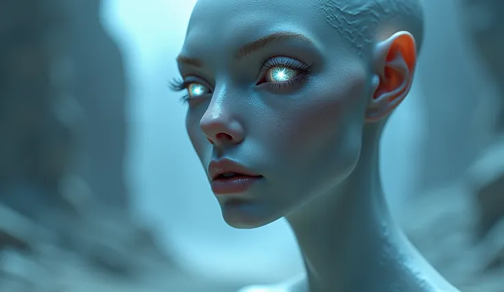 A cool female alien with a human-like appearance. Its eyes shine like stars.