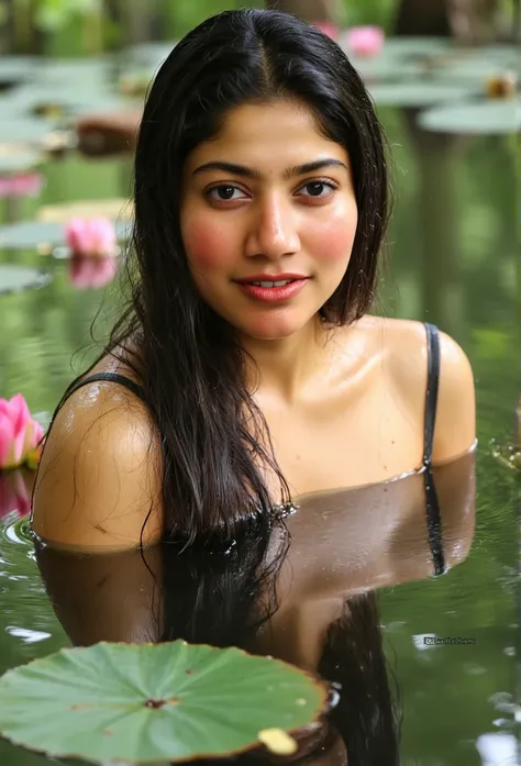 Design a magazine cover for Ai_indie. The cover features a captivating scene of a Indian woman emerging gracefully from a serene forest pond filled with blooming lotus flowers and a few ducks swimming nearby. The womans body and wet hair glisten as she run...