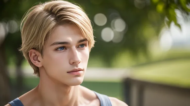 photograph, Young male perfection, 18-year-old, Strong jawline, No cleft jaw, Fuller lips, Roman Nose, Short blonde, Hazel Eyes, Ultra-realistic, 8k --v 4