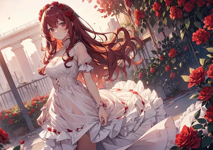 A girl with long, soft, rose-tinted hair adorned with red roses stands gracefully by a rose bush. Her flowing lace dress moves gently in the wind, and her gentle gaze is filled with romance, as the red roses around her bloom vibrantly