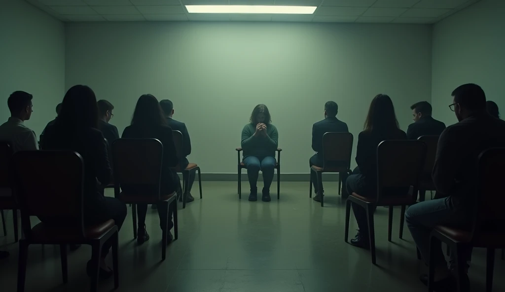  An empty meeting room with chairs organized in a circle. in the center,  a single chair is occupied by a shrunken figure ,  with her hands covering her mouth ,  surrounded by shadows that have no definite shape ,  but they seem to silently observe . The a...