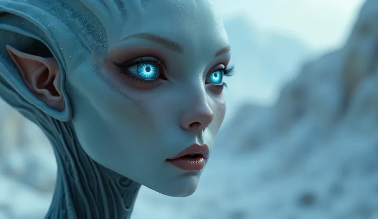 A cool female alien with a human-like appearance. Its eyes shine like stars.