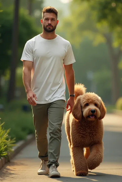  The man with no beard is tall and wears a white T-shirt walking with a large brown poodle tail