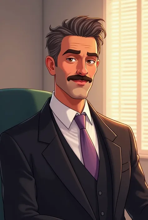 Digital art, cutesy art style, bust, soft colors, man in his 40s with short, brown hair with gray streaks, mustache, white and black striepd dress shirt, black vest, black overcoat, lavender tie, amber eyes, tan skin, sitting in an office with sunlight pea...