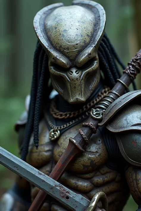  a real picture of a male alien like the one in the movie   "Predator". 。 while respecting the franchises armor spirit 、 he wears a mask with elements reminiscent of piracy and armor。. He has an alien sword in his right hand 、 a bloody skull and spine in h...