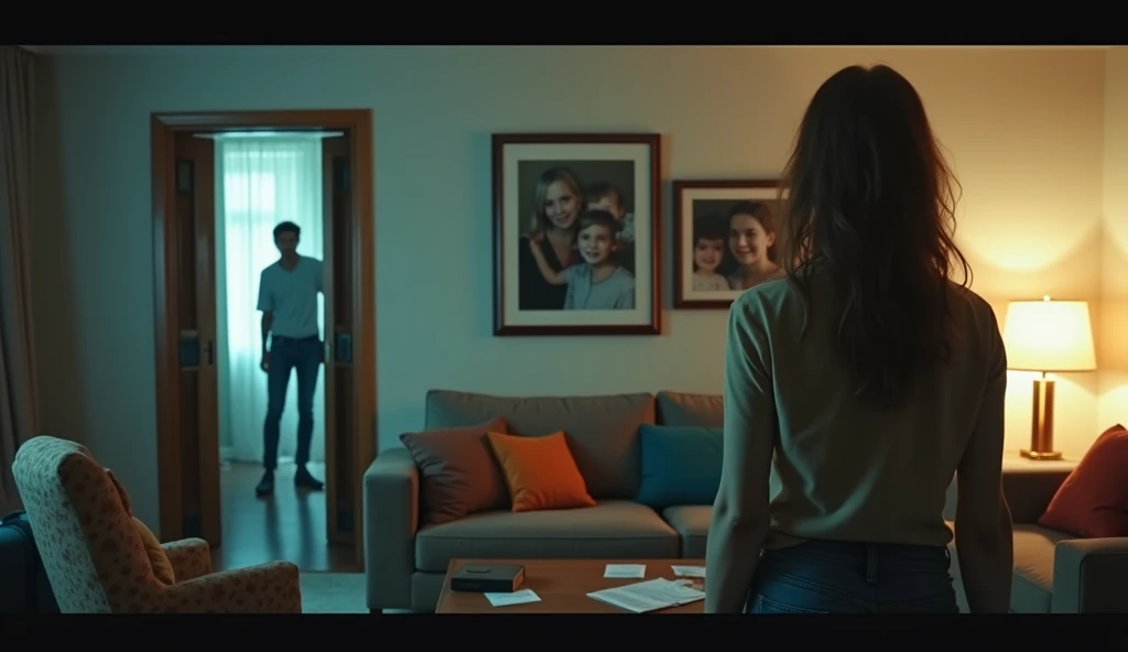 A highly intriguing and realistic YouTube thumbnail design inspired by a suspenseful family story. The image features a modern living room with dramatic lighting. In the foreground, a young woman stands in shock near a broken family portrait, her expressio...