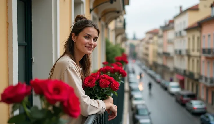 A city street, a two-story house, on the second floor a beautiful balcony, adorned with small vases of roses, brightly colored. On the balcony sits a young woman, 18, well poised, cheerful face, realistic image, high quality.