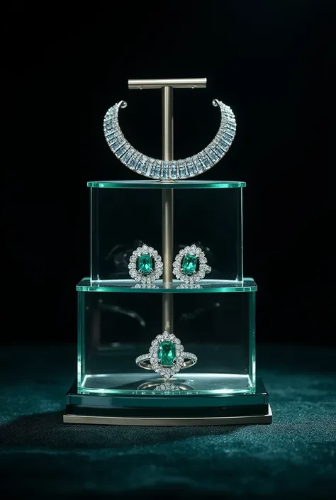 A modern and luxurious jewelry showcase featuring a tiered glass and brushed metal display stand. The stand presents a radiant sapphire necklace, diamond-studded rings, and drop earrings with a glowing emerald centerpiece. The lighting setup creates dramat...