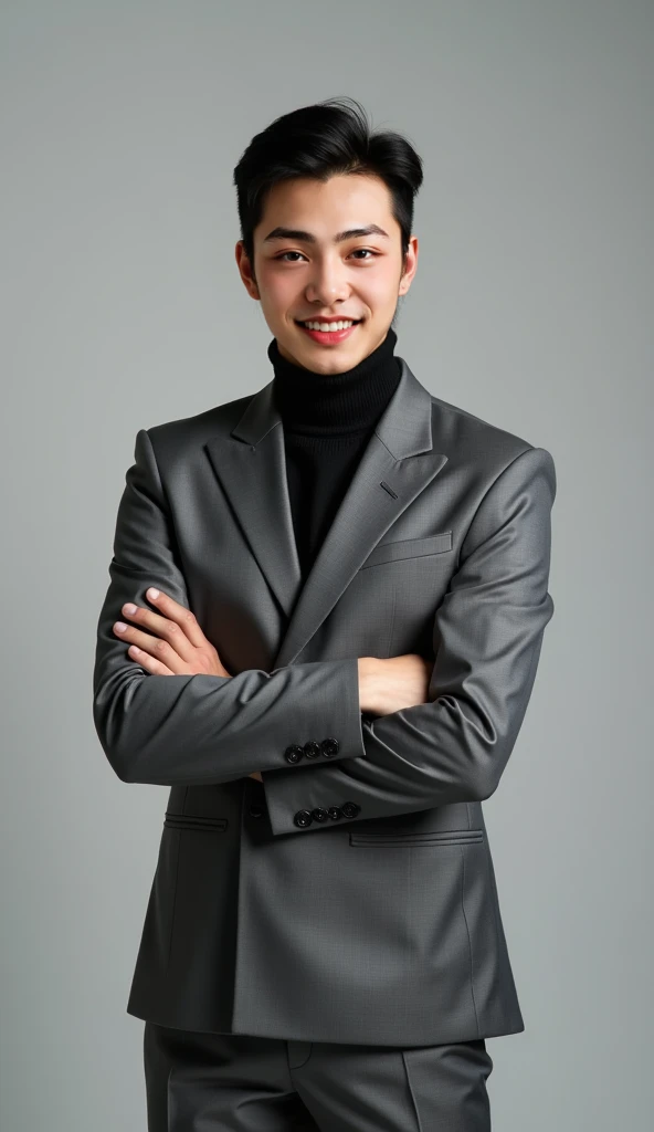 Gray suit，Double-breasted， high neck black sweater，Simple and clean hairstyle ， looking at the camera ，全身Face me，Front view，Face me，Full body facing the camera， stand confidently in front of a pure gray high-grade gray background ， Hands naturally cross th...