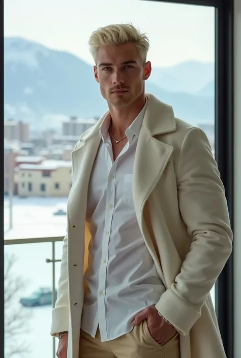  create the image of a 21-year-old man , Theo James from Divergent , high, strong body, Short hair modern cut platinum blonde white, blond mustache,  square face , white light skin,  Blue Eyes,  strong and muscular , dynamic pose style, Relaxed,  wearing a...