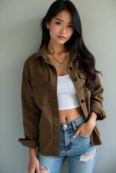 Photo of a beautiful Indonesian girl wearing a necklace that says C wearing a brown jacket wear ripped jeans wear sneakers clear photo uhd realistic photography 