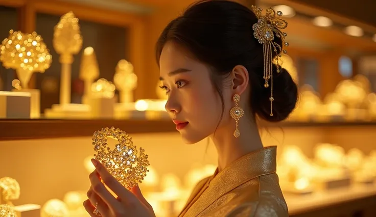  in a gold jewellery shop， with gold jewelry ，A Chinese woman in Hanfu with a gold jewellery in her hand ，New Chinese scene，Shooting with wide aperture，Medium shot， telephoto lens，Proportion 「4:3」