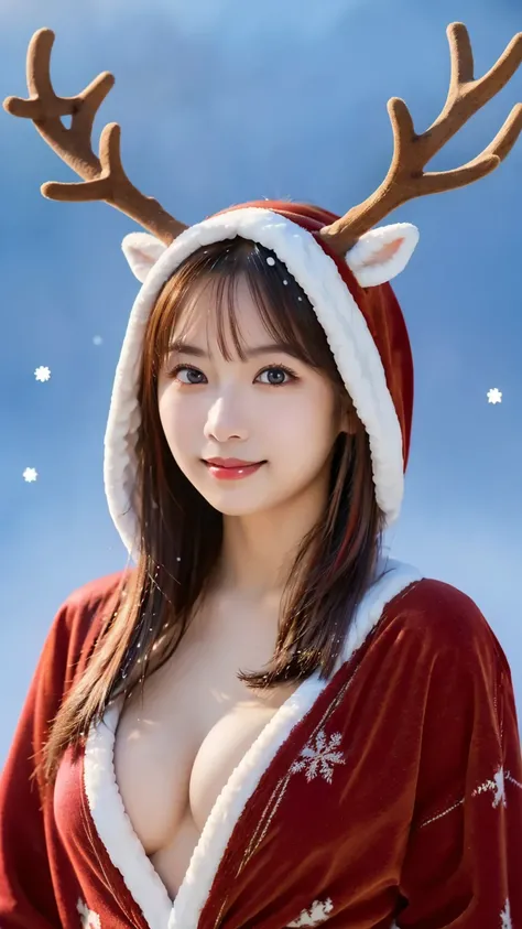 (warm fur long sleeve reindeer costume : 1.5), (snow & Winter Background : 1.5), (Reindeer antlers : 1.4), young and adorable Japanese face, Official Art, high definition CG Unity 8k wallpaper,Ultra high definition ,Very detailed, half photos with Brazil, ...