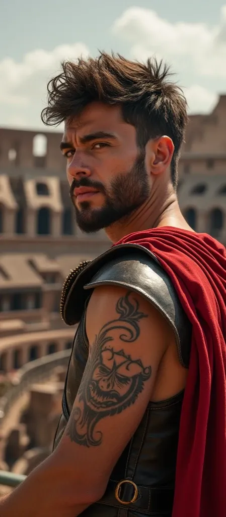 At the Colosseum , Bottom, Hair, Haircute, medium hard body , ruggedly, beautiful, Muscular, half body, Masculine, maduro,  portrait of a young man ,  Nordic men muscles , muito beautifuls e atraentes nus,  sharply cut features ,  a 45-year-old man ,  Port...