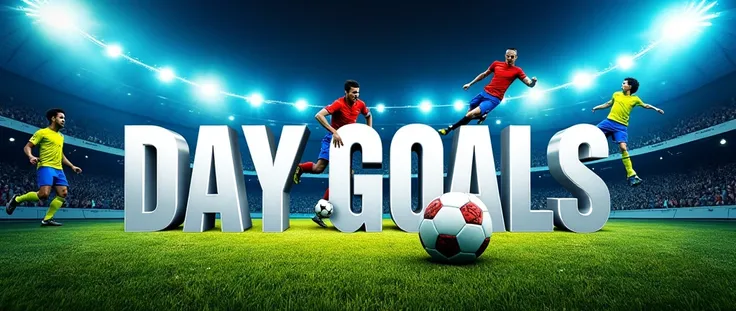 Design a vibrant and eye-catching YouTube banner for a football channel named Day Goals. The banner should feature a dynamic and energetic feel, incorporating a mix of bold, high-contrast colors like electric blue, bright yellow, and neon green to evoke ex...