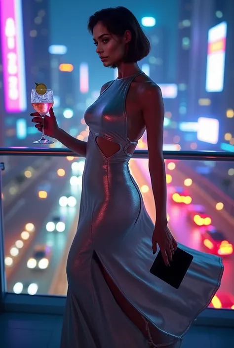 (( masterpiece , stylized and artistic: 1.5,  inspired by editorial fashion , ultrarealistic, 8k))
1 woman, 25 years, Brazilian, modern,  posing on an urban terrace at night with the city illuminated in the background .  She wears a long futuristic dress ,...