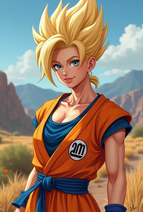 Create a realistic woman inspired by presenter Ana Maria Braga with blond and spiky Super Saiyan style hair.  The hair should shine with an intense golden hue .

eyes: blues,  with a determined and energetic glow .

clothes:  An orange and blue fighting ki...