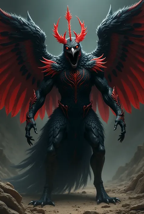 Humans with peacock-like characteristics,  has black down and red details, A peacock with an intimidating expression and combat posture 