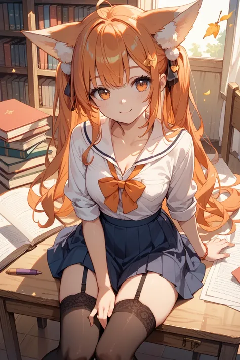  cute 1 girl ,  high res, chest, Fox Ears, 少し大きいchest， orange hair，student， wizard， stockings