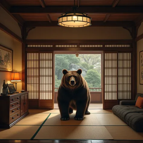 Japanese-style room in a Japanese private house　There is a wild bear in the living room　 strong contrast　 highest image quality taken by Ki　HDR