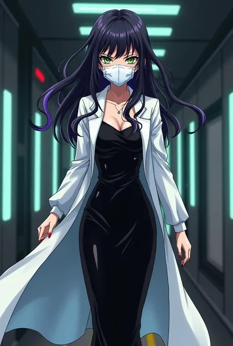 Anime style 
Woman
Human
45 years old 
Evil eyes 
Evil smile 
Villain
Red lips
White Surgical mask
White mask
White coat
Dr. Anya Nox has black hair with dark purple streaks, piercing green eyes, and always dresses in an elegant long black dress that refle...