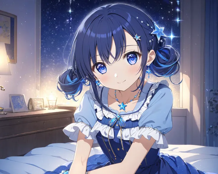 Beautiful older sister healing idol cowboy shot anime, shiny dark blue hair, long hair tied on the side, blue star hair ornament, long forehead, long gaze, calm atmosphere, gentle, shy smile, blue star necklace, blue star bracelet, blue star earrings, heal...