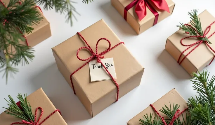 A clean and modern display of eco-friendly holiday packaging boxes made from recyclable materials. The boxes have earthy holiday tones, like brown kraft paper with red and green accents, and feature handwritten thank-you notes placed on top. Nearby, eco-fr...