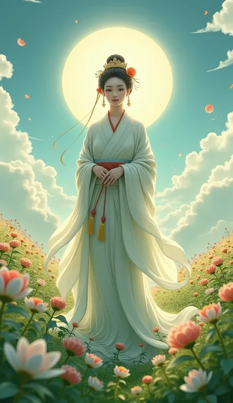 Benzaiten is in a beautiful real heaven and is smiling　Not an illustration　Flower Field　 upper body