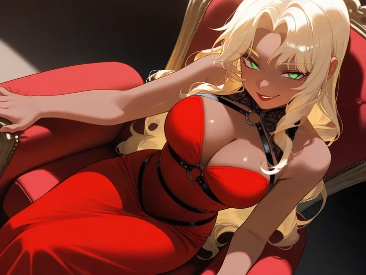  masterpiece , best quality , very aesthetic , OC, female, semi realism, dark tanned skin, red lips, blonde eyebrows, perfect face, long wavy light Ashe blonde hair with bang,  half-closed Green eyes, evil smile, red glamorous, sweet aesthetic, harness and...