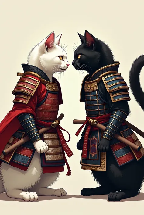 Black cat and white cat in anime-style samurai armor