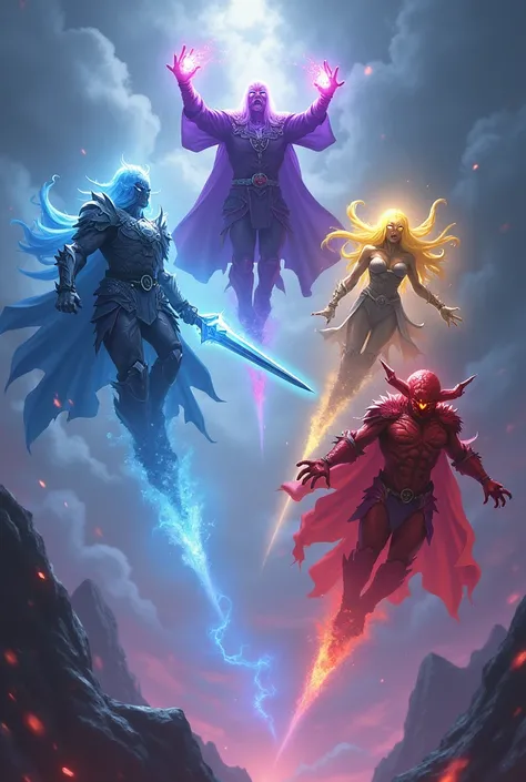 1 blue swordsman, 1  purple sorcerer, 1 yellow demon, and 1 red demon rising into the sky with glowing eyes