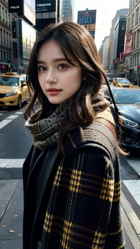 ((masterpiece)), ((best quality)), photorealistic, stylish woman taking a selfie on a busy New York street, standing near a crosswalk with iconic yellow taxis in the background, holding a smartphone at a casual downward angle, long dark brown hair with smo...