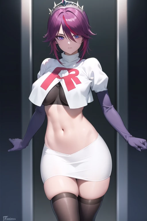 rosaria, rosaria, bags under eyes, hair between eyes, long eyelashes, multicolored hair, (purple eyes:1.1), purple hair, red hair, short hair, streaked hair, hair over one eye, (medium breasts:1.2), BREAK breasts, nun, skindentation, tiara, team rocket,tea...