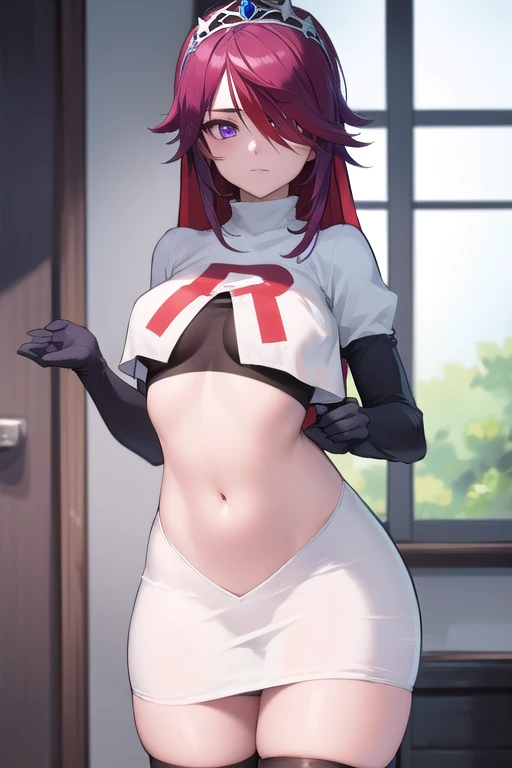 rosaria, rosaria, bags under eyes, hair between eyes, long eyelashes, multicolored hair, (purple eyes:1.1), purple hair, red hair, short hair, streaked hair, hair over one eye, (medium breasts:1.2), BREAK breasts, nun, skindentation, tiara, team rocket,tea...