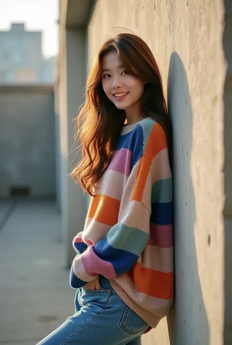 A detailed and colorful full-angle digital shot shows 
portrait of a beautiful woman korean with floawing wave long brown hair, wearing an women harajuku fashion oversized striped random block shirt, tunic tops, Casual long sleeve loose clothes, long tight...