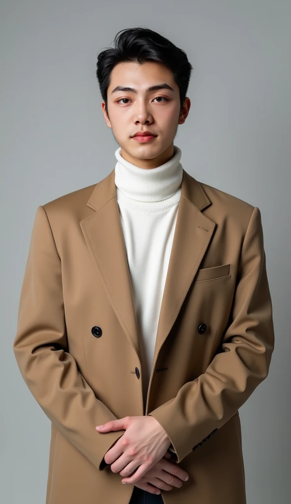 Khaki suit，Double-breasted，white turtleneck sweater，Simple and clean hairstyle ， looking at the camera ，全身Face me，Front view，Face me，Full body facing the camera， stand confidently in front of a pure gray high-grade gray background ， Hands naturally cross t...