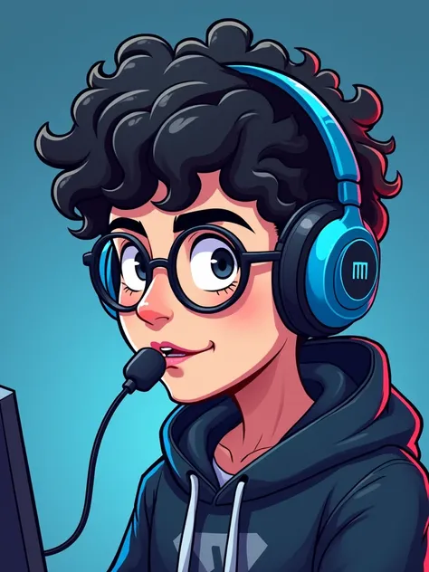  create a cartoon of a young man with blue and black headphones ,  curly black hair, long nose (Important), player and streamer with microphone in front of the face dark eyes.  the cartoon must bear the name IMTVLIVES as a logo of that company. The young m...