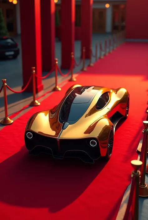   realistic photo of a futuristic concept car , car made by Pagani Motors ,  limousine for 20 people seen from an isometric perspective on a red carpet at a gala event,  gold-plated car with polished dark red details .