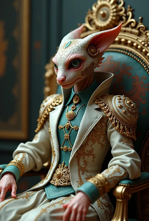 Ancient creature futuristic with skin ornaments in high relief very detailed ornamental clothes in 4d sitted on a high tech chair, machinery, gadjets, rococopunk, on a room of future baroque in front of a table