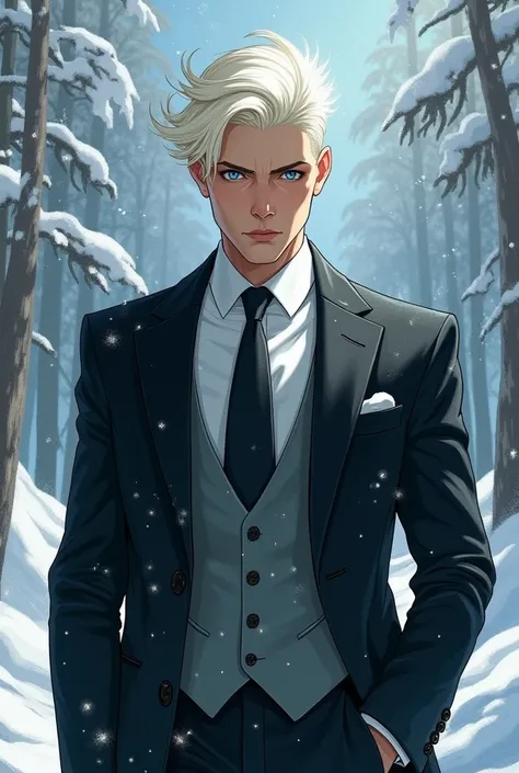 Create the image of an albino man, with shining hair and blue eyes. The setting is outside a snowy place and his suit is elegant. The style of the image should be DC comics style. 