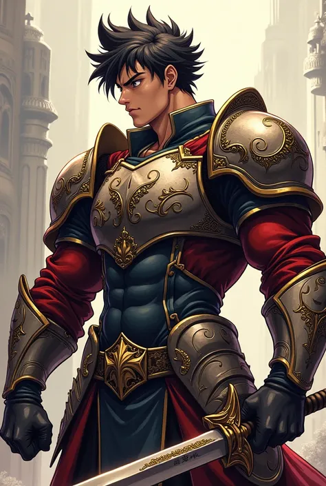 Anime tall muscular boy in side position dressed as a in a armor with blade Full body 