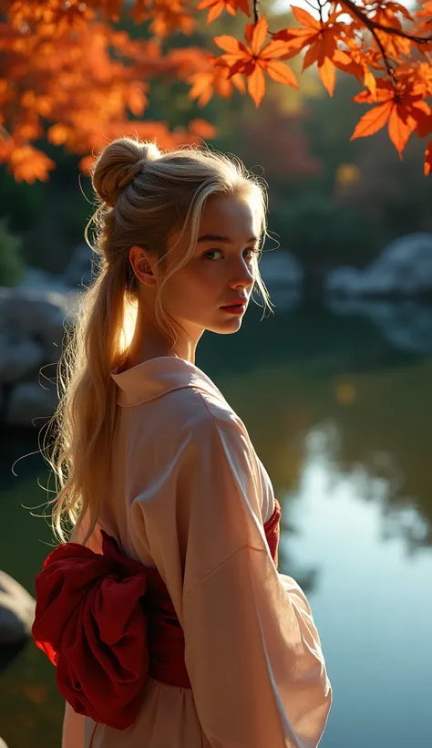 Realistic, award-winning photography, cinematic lighting, sharp focus,
A young blonde woman from Northern Europe,
wearing a dainty kimono,
long blonde hair tied in a traditional Japanese hairstyle,
(midnight),
(bright autumn leaves lit by the light),
autum...